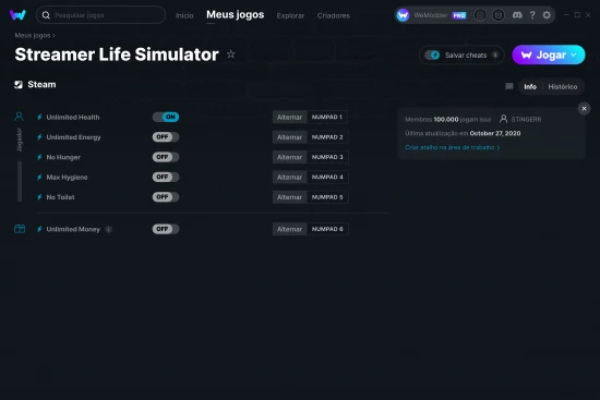 Captura de tela de cheats do Streamer Life Simulator