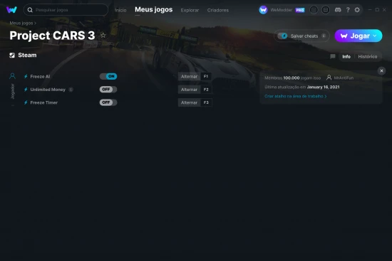 Captura de tela de cheats do Project CARS 3
