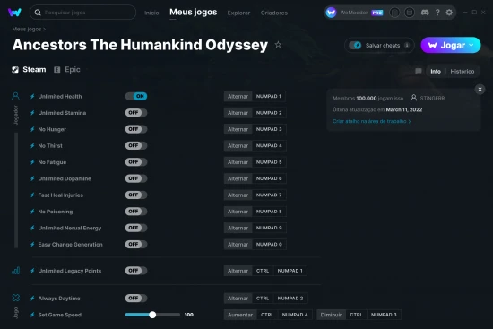 Captura de tela de cheats do Ancestors The Humankind Odyssey