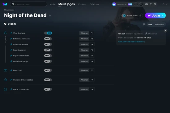 Captura de tela de cheats do Night of the Dead