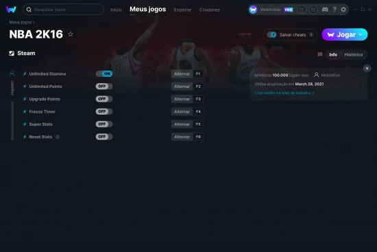 Captura de tela de cheats do NBA 2K16