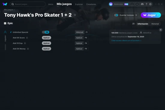 captura de pantalla de las trampas de Tony Hawk's Pro Skater 1 + 2