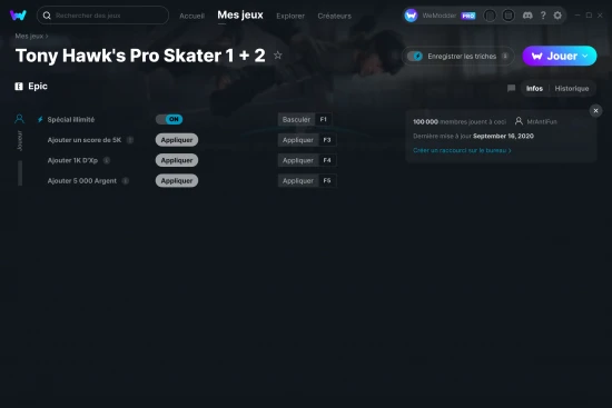 Capture d'écran de triches de Tony Hawk's Pro Skater 1 + 2