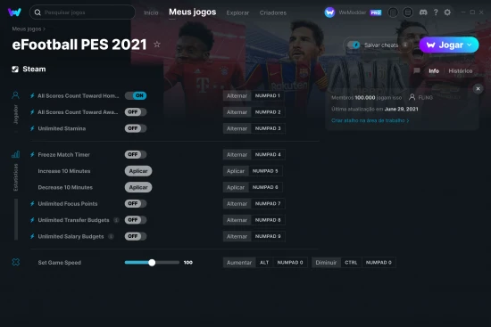 Captura de tela de cheats do eFootball PES 2021