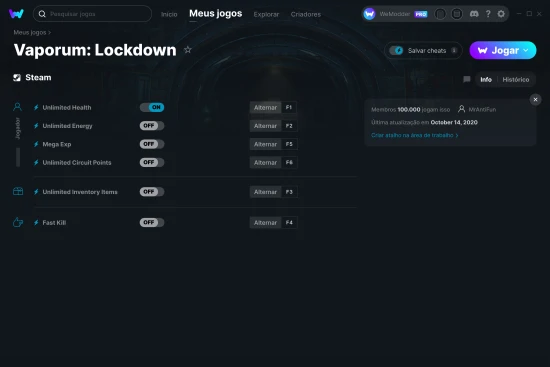 Captura de tela de cheats do Vaporum: Lockdown