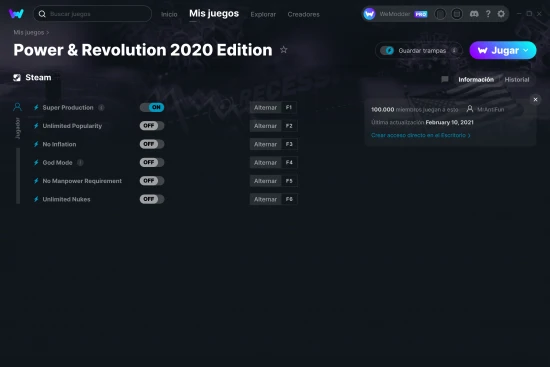 captura de pantalla de las trampas de Power & Revolution 2020 Edition
