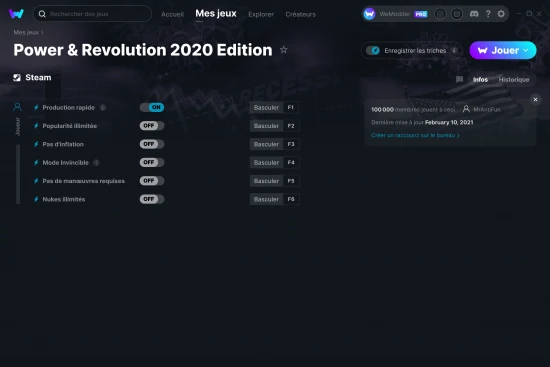 Capture d'écran de triches de Power & Revolution 2020 Edition