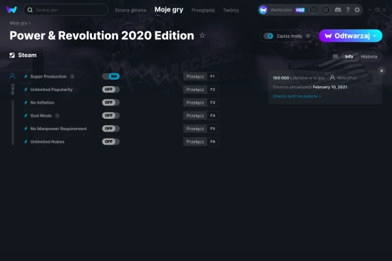 cheaty Power & Revolution 2020 Edition zrzut ekranu
