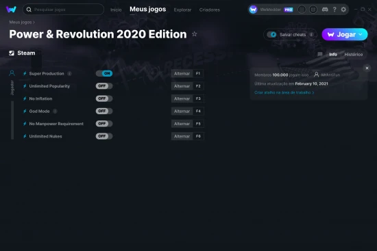 Captura de tela de cheats do Power & Revolution 2020 Edition
