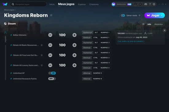Captura de tela de cheats do Kingdoms Reborn
