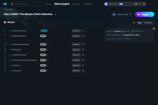 Captura de tela de cheats do Halo 3 ODST: The Master Chief Collection