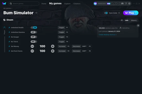 Bum Simulator cheats screenshot