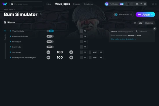 Captura de tela de cheats do Bum Simulator