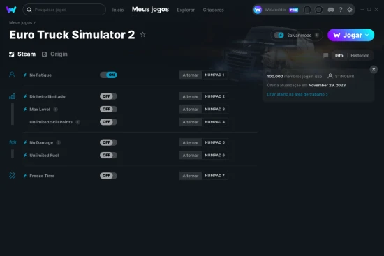 Captura de tela de cheats do Euro Truck Simulator 2
