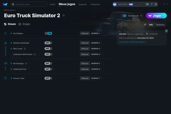Captura de tela de cheats do Euro Truck Simulator 2