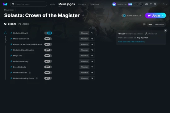 Captura de tela de cheats do Solasta: Crown of the Magister