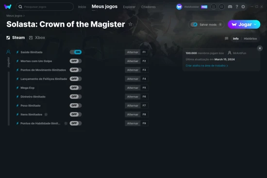 Captura de tela de cheats do Solasta: Crown of the Magister