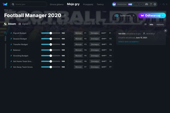 cheaty Football Manager 2020 zrzut ekranu