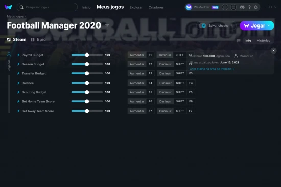 Captura de tela de cheats do Football Manager 2020