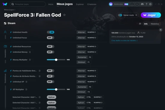 Captura de tela de cheats do SpellForce 3: Fallen God