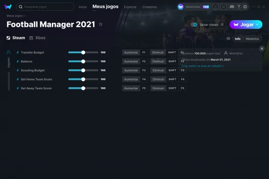 Captura de tela de cheats do Football Manager 2021