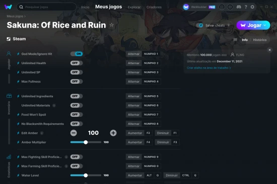 Captura de tela de cheats do Sakuna: Of Rice and Ruin