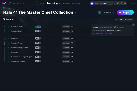 Captura de tela de cheats do Halo 4: The Master Chief Collection
