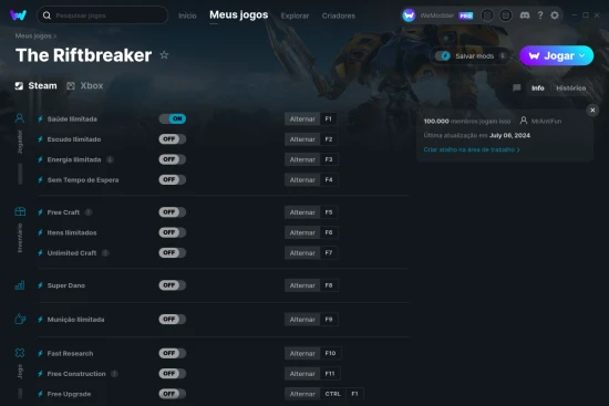 Captura de tela de cheats do The Riftbreaker
