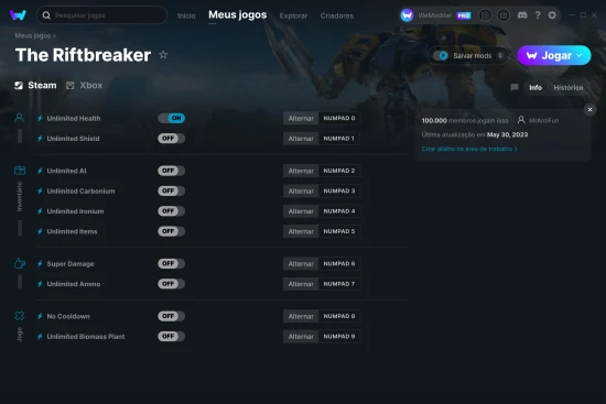 Captura de tela de cheats do The Riftbreaker