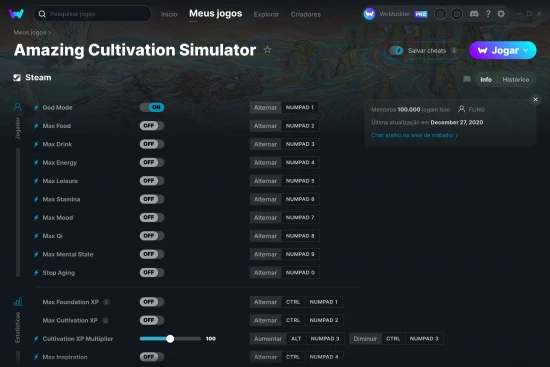 Captura de tela de cheats do Amazing Cultivation Simulator