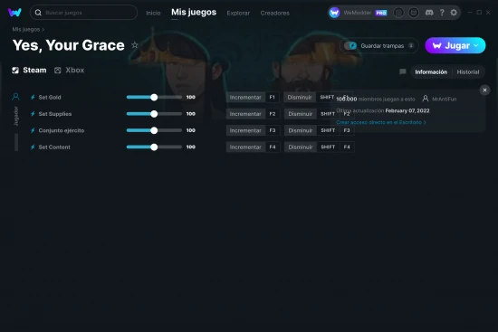 captura de pantalla de las trampas de Yes, Your Grace