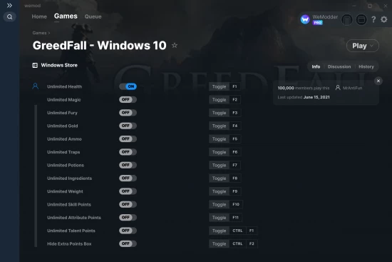 GreedFall - Windows 10 cheats screenshot