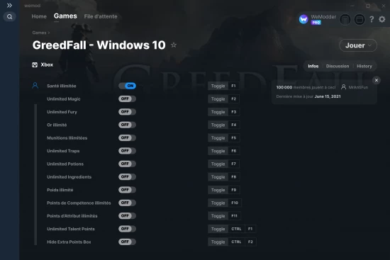 Capture d'écran de triches de GreedFall - Windows 10
