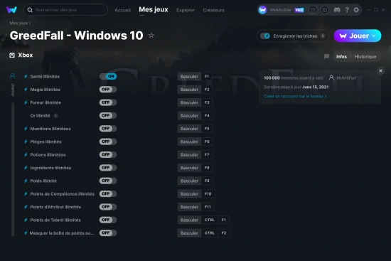 Capture d'écran de triches de GreedFall - Windows 10