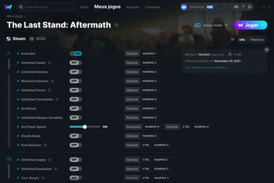 Captura de tela de cheats do The Last Stand: Aftermath