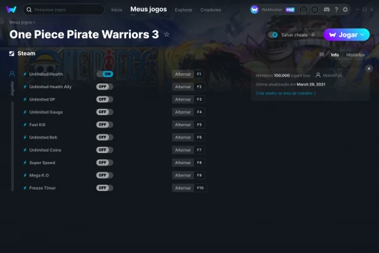 Captura de tela de cheats do One Piece Pirate Warriors 3