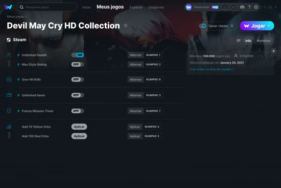 Captura de tela de cheats do Devil May Cry HD Collection