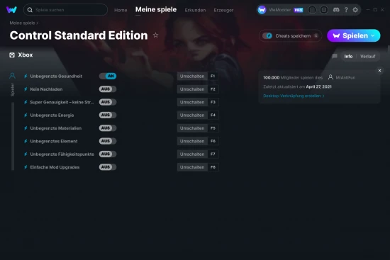 Control Standard Edition Cheats Screenshot