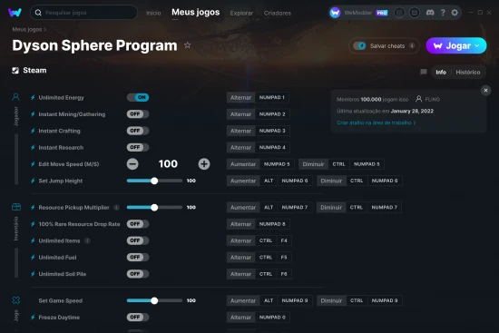 Captura de tela de cheats do Dyson Sphere Program