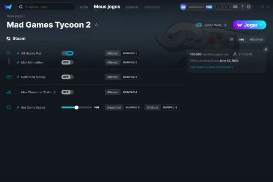 Captura de tela de cheats do Mad Games Tycoon 2