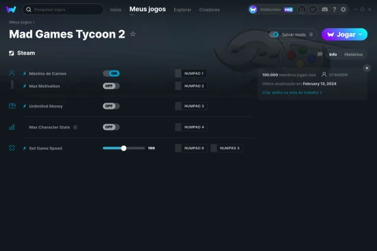 Captura de tela de cheats do Mad Games Tycoon 2