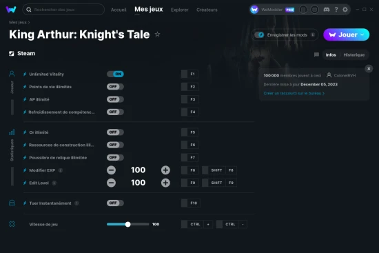 Capture d'écran de triches de King Arthur: Knight's Tale