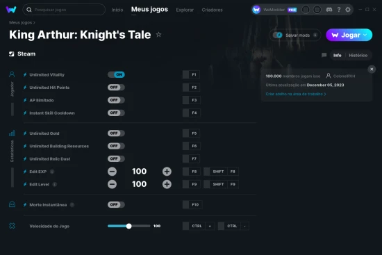 Captura de tela de cheats do King Arthur: Knight's Tale