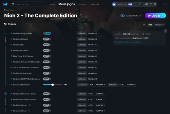 Captura de tela de cheats do Nioh 2 – The Complete Edition