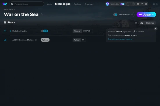Captura de tela de cheats do War on the Sea