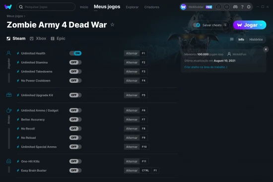 Captura de tela de cheats do Zombie Army 4 Dead War