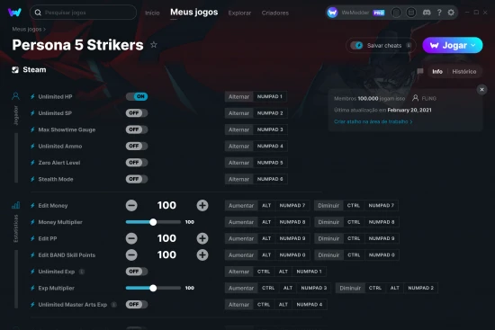 Captura de tela de cheats do Persona 5 Strikers