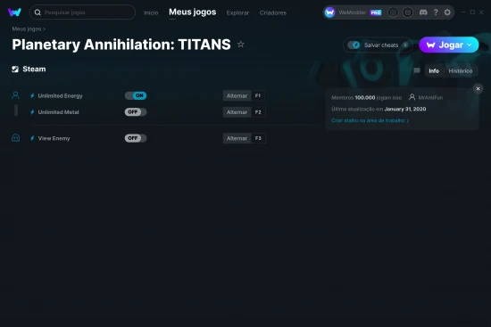 Captura de tela de cheats do Planetary Annihilation: TITANS