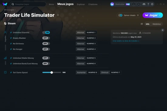 Captura de tela de cheats do Trader Life Simulator
