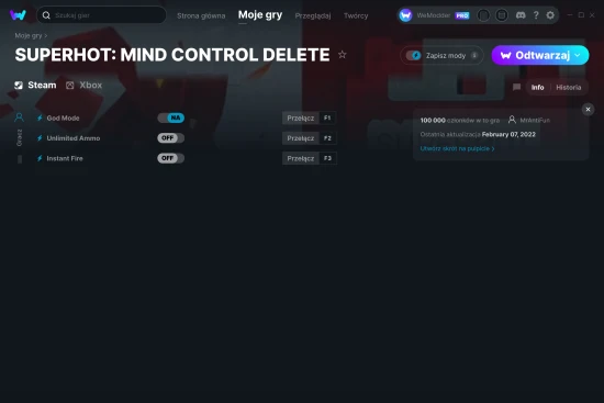 cheaty SUPERHOT: MIND CONTROL DELETE zrzut ekranu